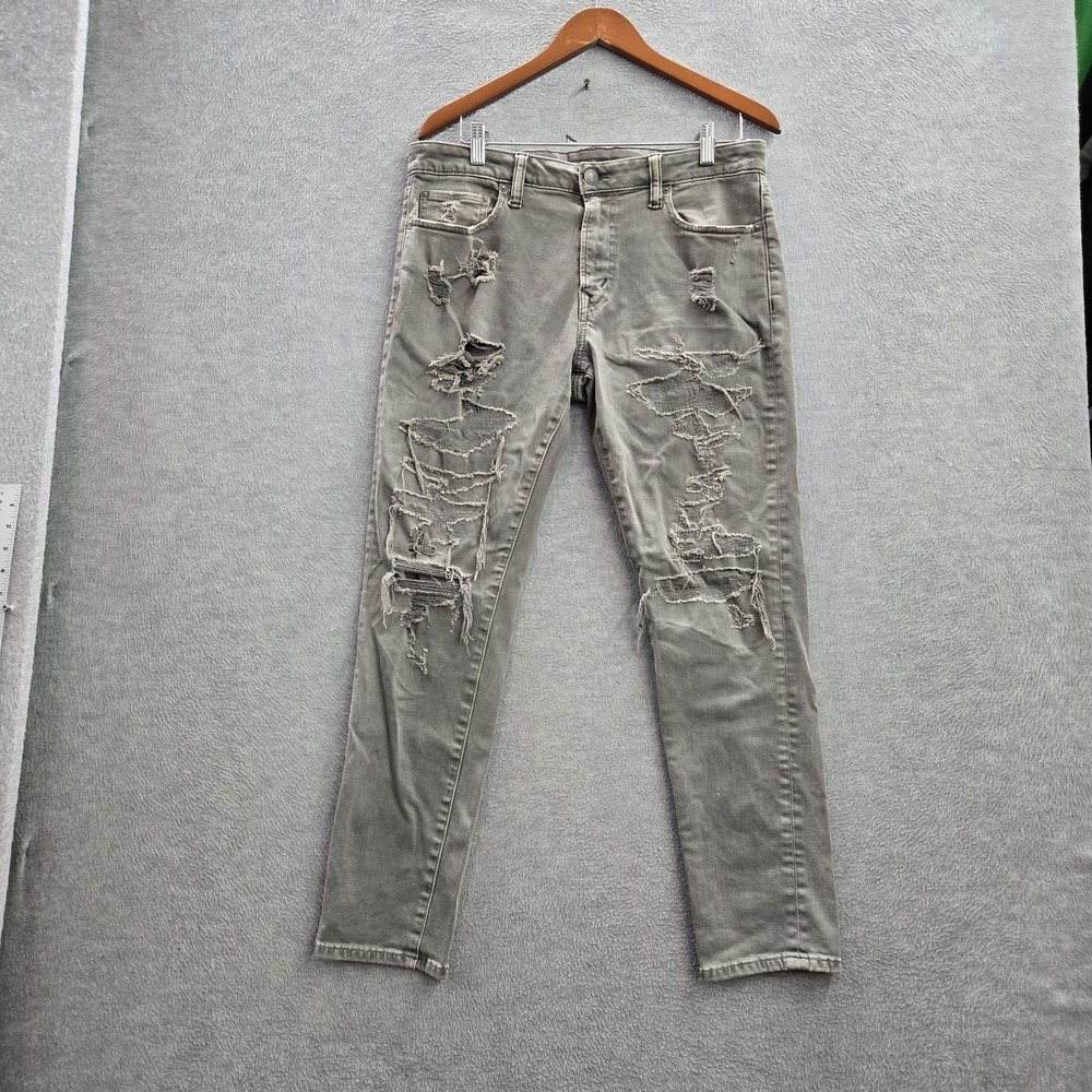 American Eagle Men Jeans 32X30 Gray Denim Distressed Grunge 27" Inseam